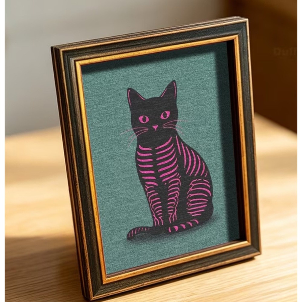 Miniature Framed Black Cat Pink Skeleton Magnet Teal